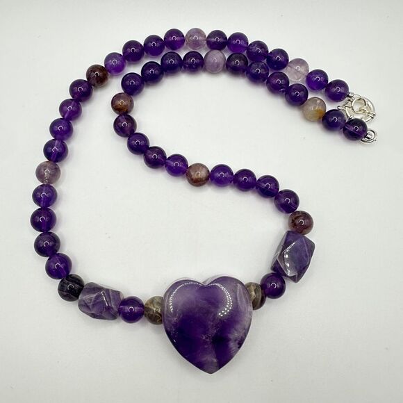 22" of ALL types of Amethyst beads, massive heart pendant necklace, 925 clasp! - Picture 3 of 15